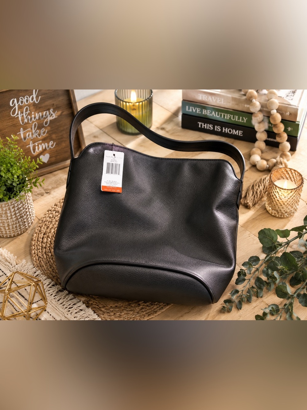 Vera Bradley Black Faux Leather Hobo Shoulder Bag Floral Lining NWT